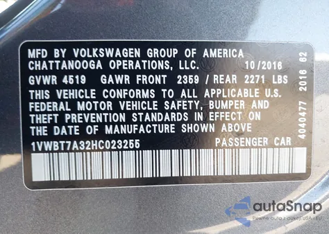 2017 Volkswagen Passat 1.8T Se z USA, uszkodzony, nr VIN 1VWBT7A32HC023255